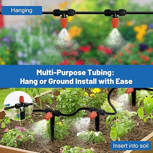 Mist Drip Irrigation System for Garden Watering 60FT, 1/2" & 1/4" Quick-Connect Micro Misting kit for Greenhouse, Plant, Lawn, Raised Bed, Vegetable, Flower. Hanging or Inground Misters Sprinkler
