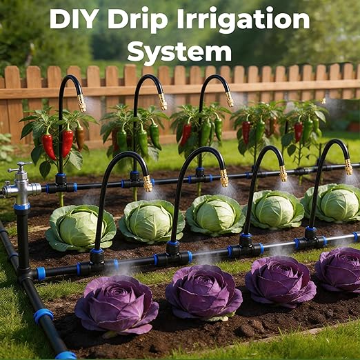 Drip Irrigation System for Watering Garden: 31FT Automatic Atomizing Kits with Parts Include Fittings 1/2" 1/4" Tubing Hose Quick Connect 10 PCS Adjustable Sprinklers for Outdoor Lawn Yard Greenhouse