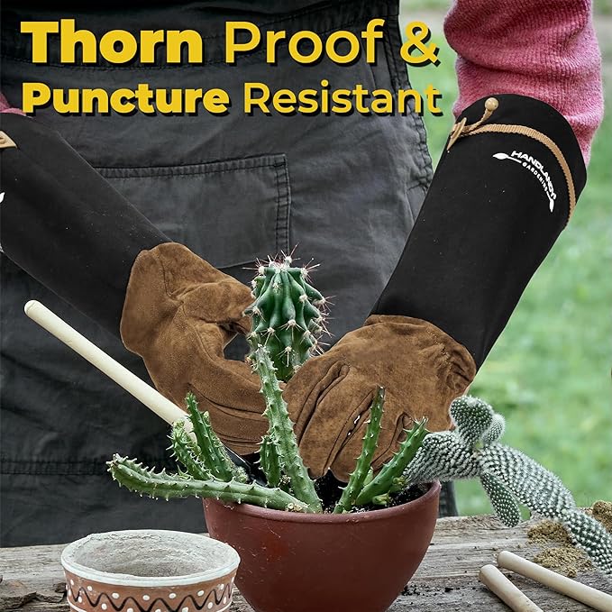 HANDLANDY Long Gardening Gloves for Men & Women, Pigskin Leather Rose Pruning Gloves, Breathable Thorn Proof Gauntlet Glove (Coffee Brown, L)