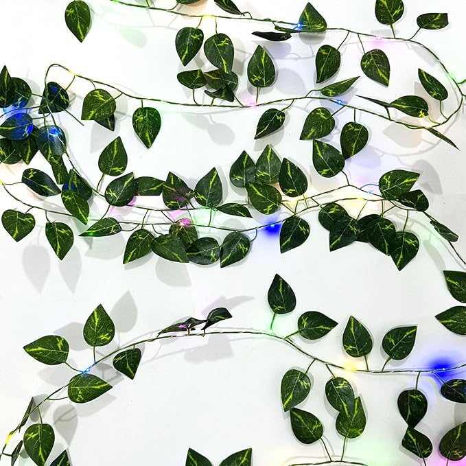 6 Pcs Artificial Hanging Plants Pothos Vine with 60 Colored Lights, Pothos Vine Leaves, Fake Plant Vine Hanging Garland for Wall, Party Wedding, Home, Kitchen, Indoor and Outdoor Decoration