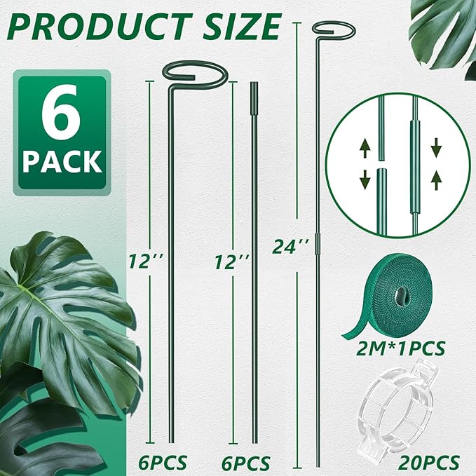 6 Pack 24 Inch Plant Support Stakes,Extendable Plant Stakes,Orchid Sticks with Clips for Indoor Outdoor,Garden Stakes for Plant,Tomato,Vegetables,Monstera.Plant Support Stakes for Two Sizes12 or 24 In