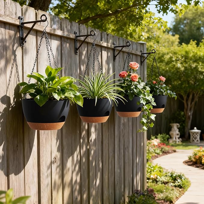 UOUZ 4 Pack 8 Inch Self Watering Hanging Planters for Indoor Outdoor Plants，Hanging Pots for Plants with Drainage Removable Tray, Hanging Baskets Flower Pots for Pothos Spider Garden Black with Brown