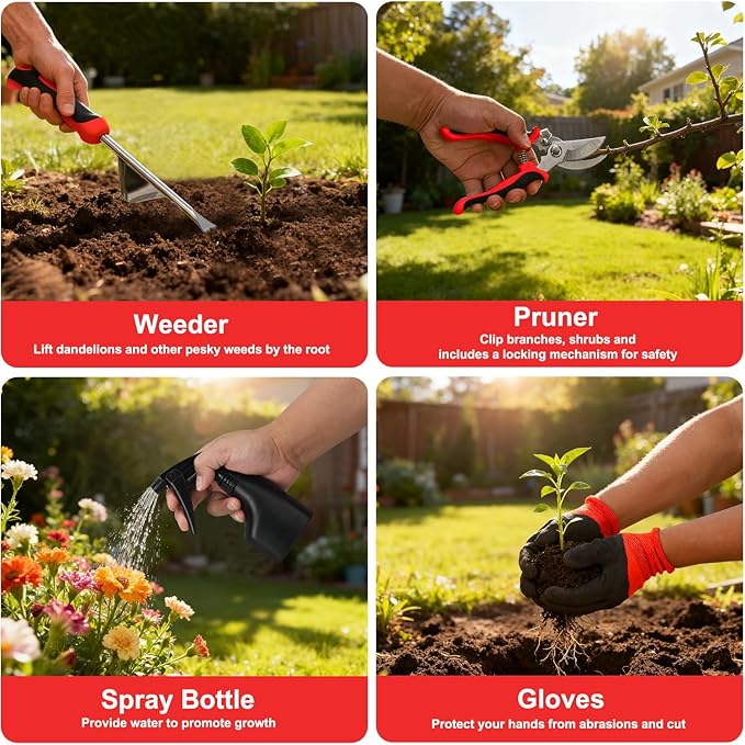 Yesker Gardening Tools 9-Piece Heavy Duty Garden Tool Set Gardening Supplies Gifts for Women Men Gardening Hand Tool Kit with Non-Slip Ergonomic Handle, Garden Bag, Durable Gloves, Pruning Shears, Red
