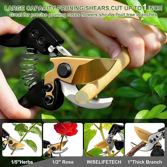 Pruning Shears, Sharp Clean Cut SK5 Steel Garden Clippers with Teflon Blade, Bypass Hand Pruners, Ergonomic Non-Slip Grip for Roses, Shrubs & Plants