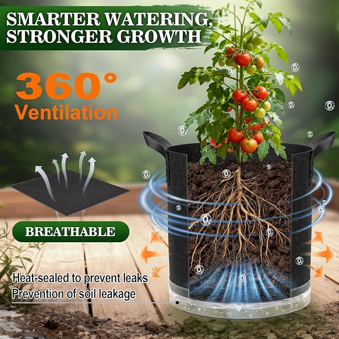 5 Pack 7 Gallon Self-Watering Grow Bags, Thick Nonwoven Fabric Pots with Support Rings and Reinforced Handles, Self-Watering Planter with Bottom Reservoir for Tomatoes Peppers Potatoes and Vegetables