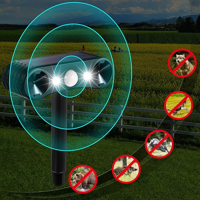 Qualirey 8 Pcs Solar Nocturnal Ultrasonic Light Animal Repeller Outdoor Deterrent with Pir Sensor Waterproof Deterrent Deer Repellent Devices to Repel Cat, Dog, Rabbit, Raccoon, Fox for Yard Garden