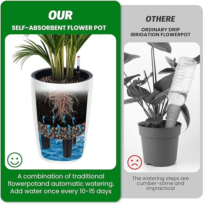 16" Tall Planter Set of 4, Self Watering Pots with Built-in Drainage and Water Level Gauge, Large Planter Pots for Garden, Patio, Balcony, Lounge, White