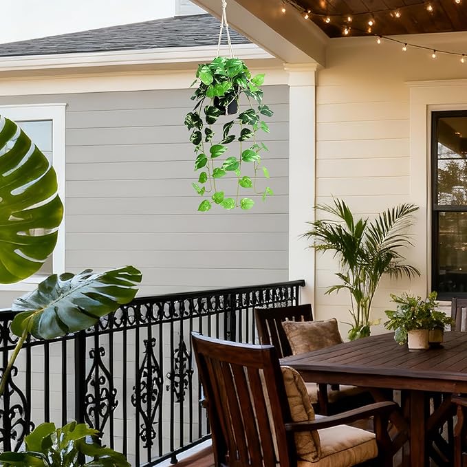 alyptus Fake Pothos Hanging Plants - Artificial Hanging Plant with Pot Realistic Faux Pothos Vines for Indoor Décor, Lush Greenery for Balcony Patio Office, Bathroom - Golden Green
