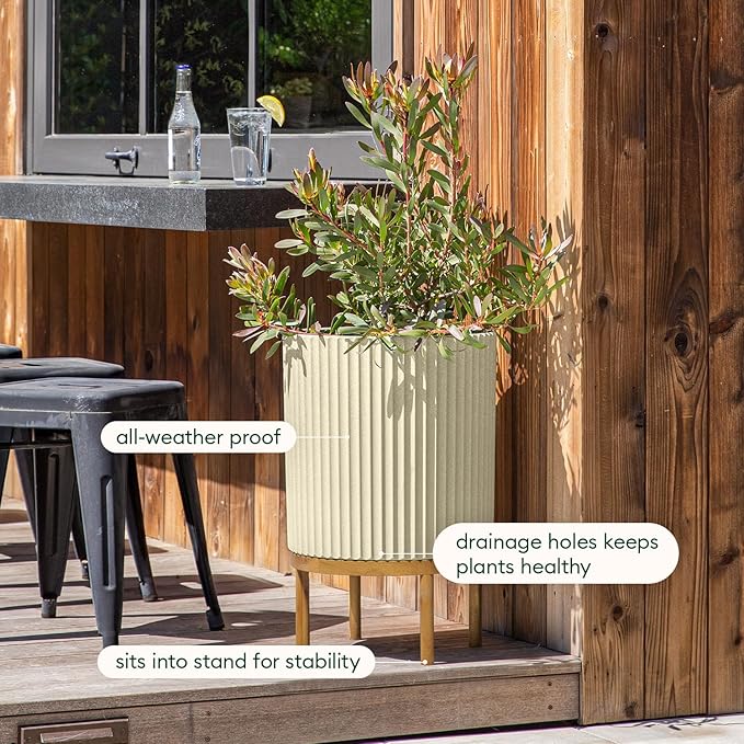 Veradek Demi Series Round Planter w/Stand for Porch/Patio | Durable Plastic-Stone Composite & Wooden Stand | Modern Décor for Tall Plants, Flowers