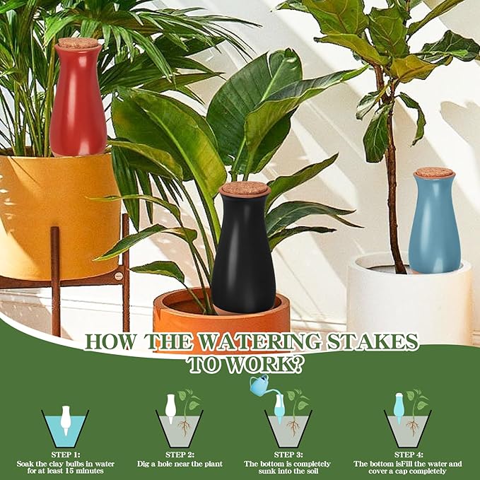 4 Pack Terracotta Plant Watering Globes, 12Oz Ollas Self Watering Pots for Indoor Outdoor Plants, Automatic Plant Drip Irrigation Device, Clay Planter Insert, Up to 1 Week, for Vacations Potted Plant