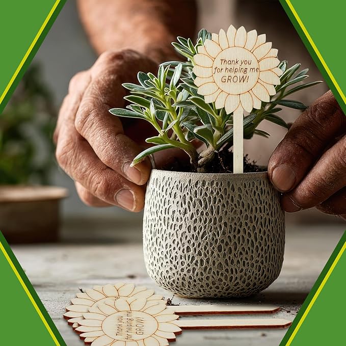 Sieral 50 Pcs Wooden Teacher Appreciation Plant Tags Sign, Thank You for Helping Me Grow, Sunflower Shape Plant Tags, Grow Succulent Gift Card Graduation Gifts Stakes Labels Garden for Baby Shower