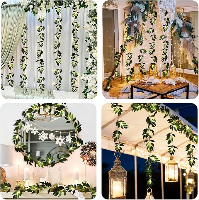 RECUTMS Willow Leaves String Lights 2Packs Artificial Leaf Rattan Light Hanging Vine 20LEDs Battery Operated Ivy Greenery for Home Wedding Party Wall Indoor Outdoor Decor