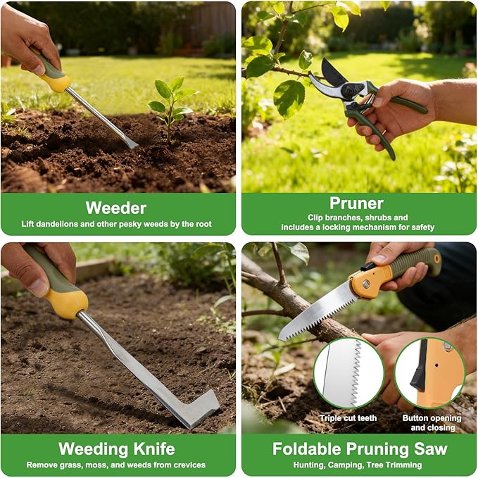 Yesker Gardening Tools 9-Piece Heavy Duty Garden Tool Set Gardening Supplies Gifts for Women Men Gardening Hand Tool Kit w Non-Slip Ergonomic Rubber Handle, Durable Garden Bag, Pruning Shears, Green
