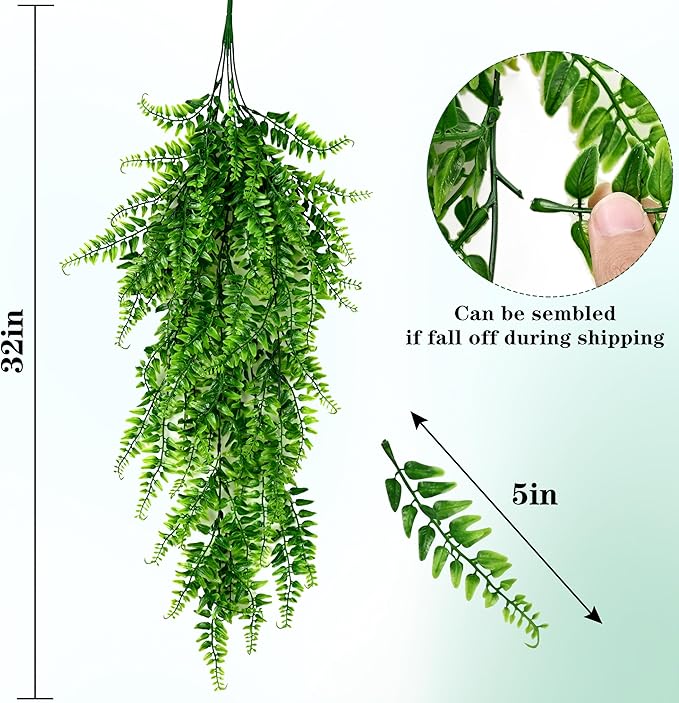 Waipfaru 8Pcs Fake Hanging Plants Artificial Ferns for Outdoors，Fake Ferns UV Resistant Plastic Fake Plants for Indoor Wall Porch Wedding Party Holiday Decor