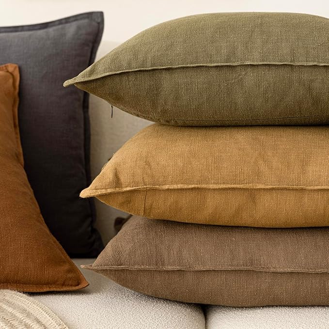 Foindtower Pack of 2, Decorative Linen Soild Throw Pillow Covers Soft Accent Cushion Case Boho Farmhouse Pillowcase for Couch Sofa Bedroom Living Room Home Decor 22 x 22 Inch Light Brown