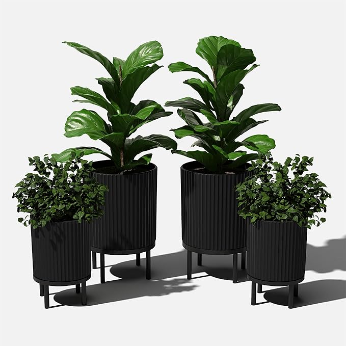 Veradek Demi Series Round Planter w/Stand for Porch/Patio | Durable Plastic-Stone Composite & Wooden Stand | Modern Décor for Tall Plants, Flowers