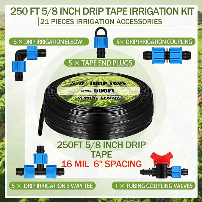 Tondiamo 250 ft 5/8 Inch Drip Tape Irrigation Tubing Kit 16 Mil 6" Spacing Hose Garden Landscape Irrigation System Automatic Equipment for Farms