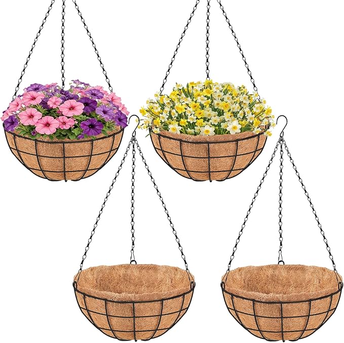18 Inch Hanging Baskets for Plants Outdoor, 4 Pack Large Hanging Planters for Indoor Outdoor Plants, 4 Pack Round Wire Hanging Flower Pots with Coconut Coir Liners for Garden, Deck, Porch, Balcony