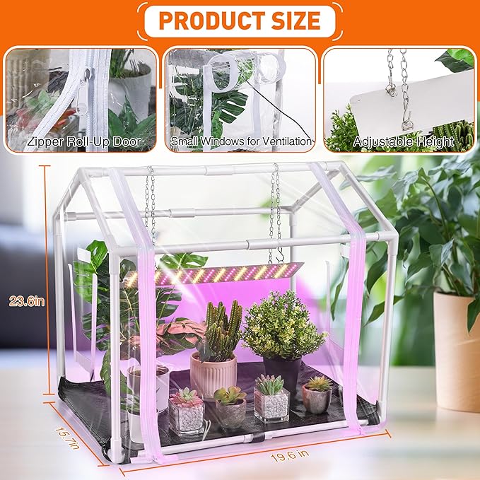 Meonum Mini Greenhouse with Grow Light, 23.6" L x 15.7" W x 19.6" H Portable Greenhouse with Waterproof Bottom Mat, Timer, 3 Light Color Mode for Indoor Outdoor Seed Starter Tray (Mini House Shape)