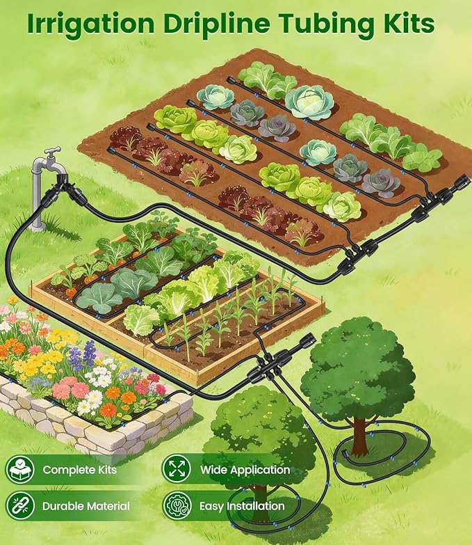 250FT Drip Irrigation Tubing Kit with 1/2 inch PVC Tubing, 1/4 inch Dripline, and Irrigation Parts for Garden, Raised Beds, and Greenhouse Watering