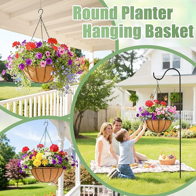 2 Pack 12 Inch Hanging Baskets for Plants Outdoor Metal Hanging Planters Round Hanging Flower Pots with Coco Coir Liner Plant Holder for Outdoor Patio Garden Balcony Decor - Watermelon