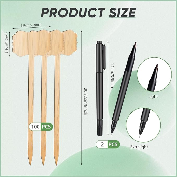 Jingmore 100 Pcs Bamboo Garden Markers Plant Labels 8 Inch Extra Long Plant Tags for Seedlings with Pen T-Type Tags Waterproof Nursery Garden Signs for Outdoor Flower Herb Potted