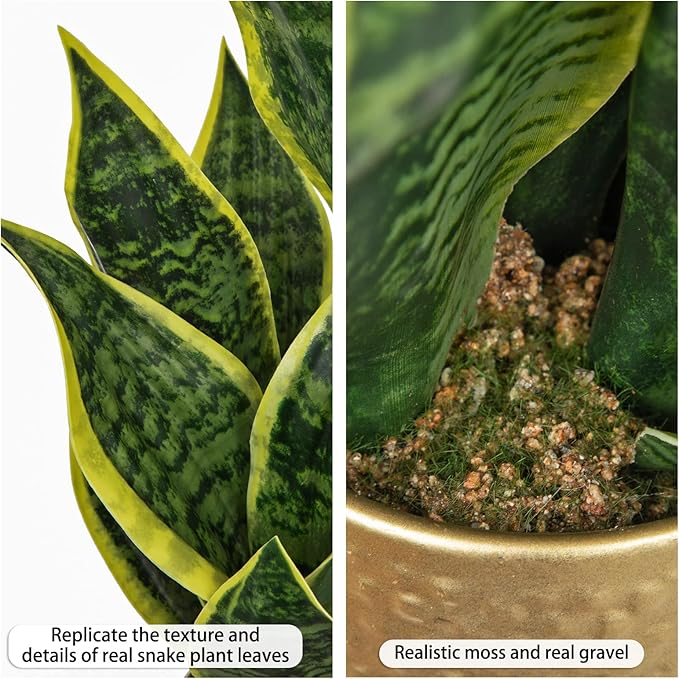 DILATATA Artificial Snake Plant in Gold Pot, 18” Faux Sansevieria Potted Plant for Home Office Decor, Fake Snake Plants Laurentii Indoor Modern Tabletop Decor Faux Mother in Law Tongue