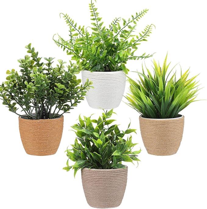 Suncalla 4 Pcs Small Woven Artificial Plants Boho Potted Fake Plants Mini Plastic Faux Eucalyptus 8.7" Greenery Indoor Farmhouse Bathroom Decor Pflanze Waterproof for Home Office Table Room Decor Gift