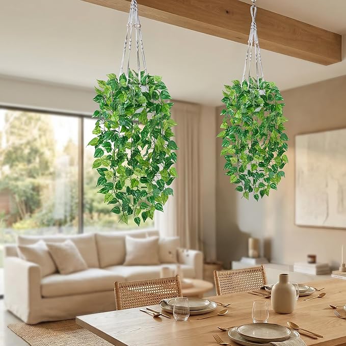 DREAMLOOM 2 Packs Fake Hanging Plants with Pots, Artificial Pothos Hanging Plants with Macrame Hanger for Indoor Decor, Fake Hanging Vines Faux Greenery for Home Kitchen Office