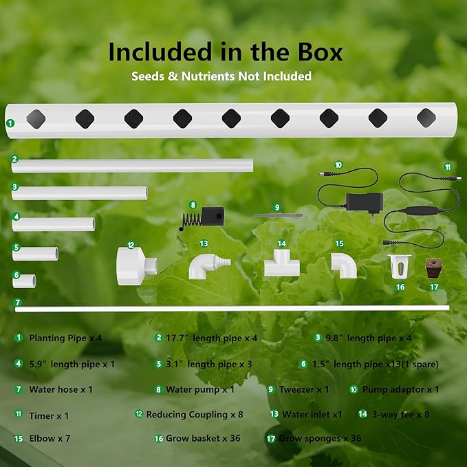 NFT Hydroponic Growing System Kit - 36 Plant Sites | Food-Grade PVC-U Pipes | Indoor/Outdoor Gardening with Auto Water Pump & Timer | Ideal for Leafy Greens, Lettuce & Herbs