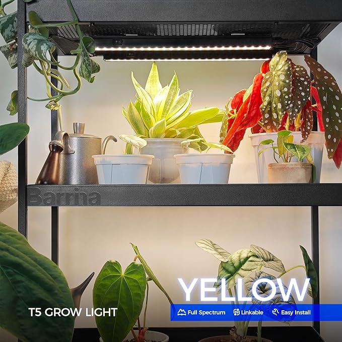 Barrina Grow Lights for Indoor Plants, Full Spectrum Sunlight, Black Cover LED Grow Light Bulbs, T5 Grow Light Strip, 1ft Plant Light for Indoor Plants Growing, 3 Mounting Modes, Yellow, 4 Packs