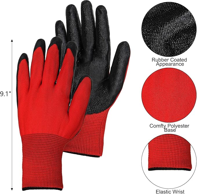 Lawei 48 Pairs Gardening Gloves for Men Women, 9 Inch Rubber Coated Safety Work Gloves Bulk, Breathable Reusable Garden Gloves for Weeding, Digging, Raking, Pruning and Construction, Black and Red