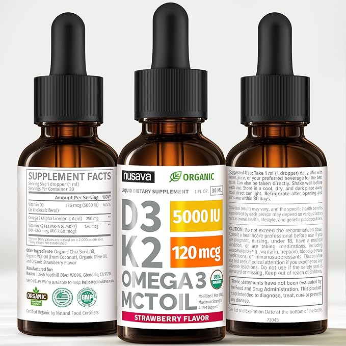 (2 Pack) Organic Vitamin D3 K2 Drops 5000 IU with MCT Oil Omega 3 - Maximum Strength Liquid D3 with No Fillers, Non-GMO for Faster Absorption, Immune Support (Strawberry, 2 Fl Oz)