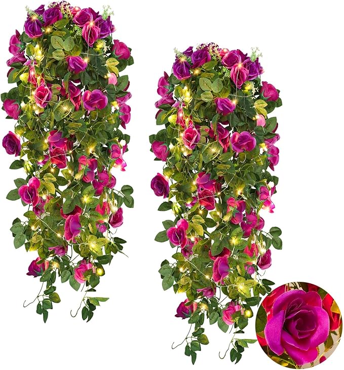 RECUTMS Artificial Hanging Rose Flower Plants Outdoor with 30 LED Fairy String Lights Fake Flowers for House Garden Patio Front Porch Indoor Decor (Purple)