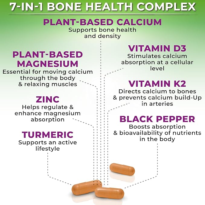 Plant-Based Calcium 500mg (Aquamin) – Vegan Calcium Magnesium Zinc D3 with Vitamin K2 & Organic Turmeric – Enhanced Bone and Muscle Health & Strength, Immune Support for Women & Men - 90 Count