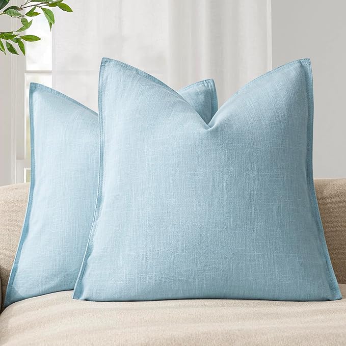 Foindtower Pack of 2, Decorative Linen Soild Throw Pillow Covers Soft Accent Euro Cushion Case Farmhouse Neutral Pillowcase for Chair Couch Sofa Bedroom Living Room Home Decor 22 x 22 Inch Light Blue