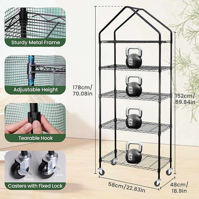 DazSpirit Mini Indoor Greenhouse with Grow Light, Portable 4-Tier Plant Stand with PVC Cover, Adjustable Shelves & Thermohygrometer for Seed Starting & Plant Growth, 70 x 23 x 19'', 32W Grow Light