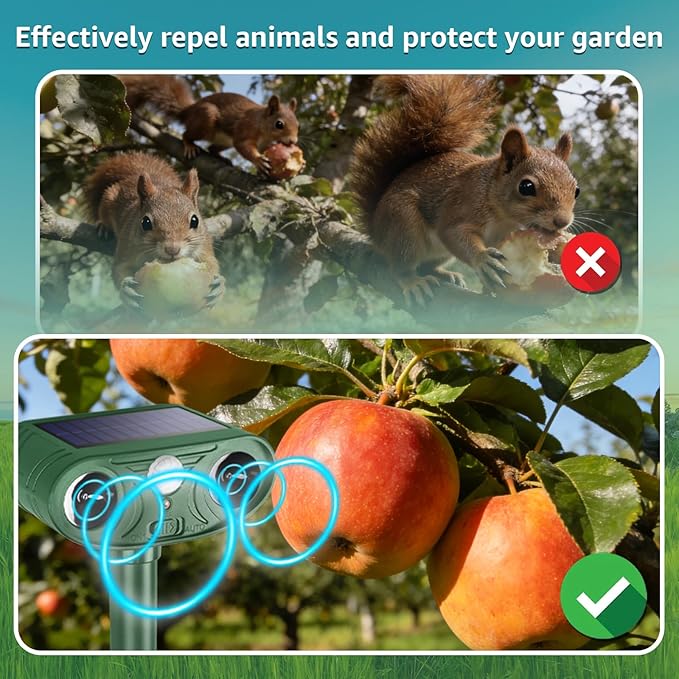 Solar Ultrasonic Animal Repellent Outdoor with Motion Sensor Strobe Light Deer Repellent Devices for Squirrel Rats Snakes Rabbit 25KHZ Silent Deterrent Dual Mode Yard Garden Lawn Pest Control 1pack