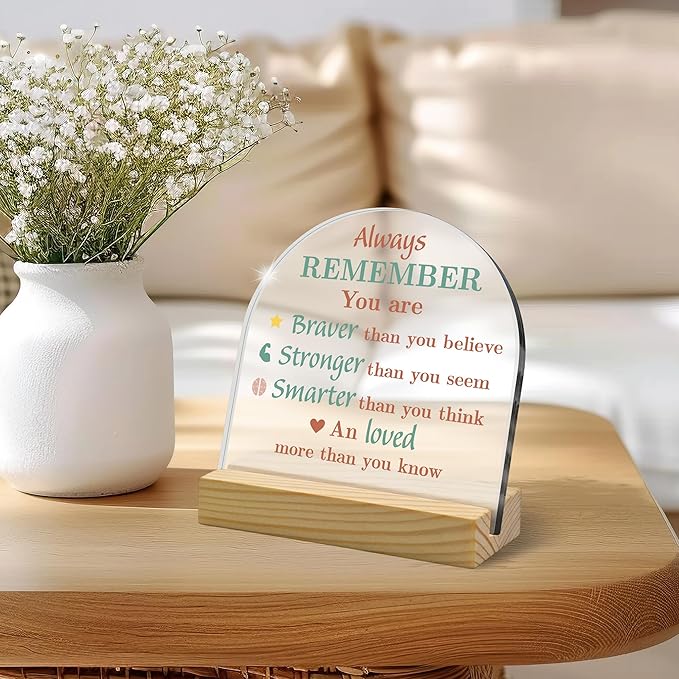 Inspirational Saying Acrylic Plaque, Arched Shape with Wooden Stand, Motivational Mental Health Gift for Women, Encouragement Quotes Desk Decor for Family Friend BFF, Office Home Decor (4"x4")