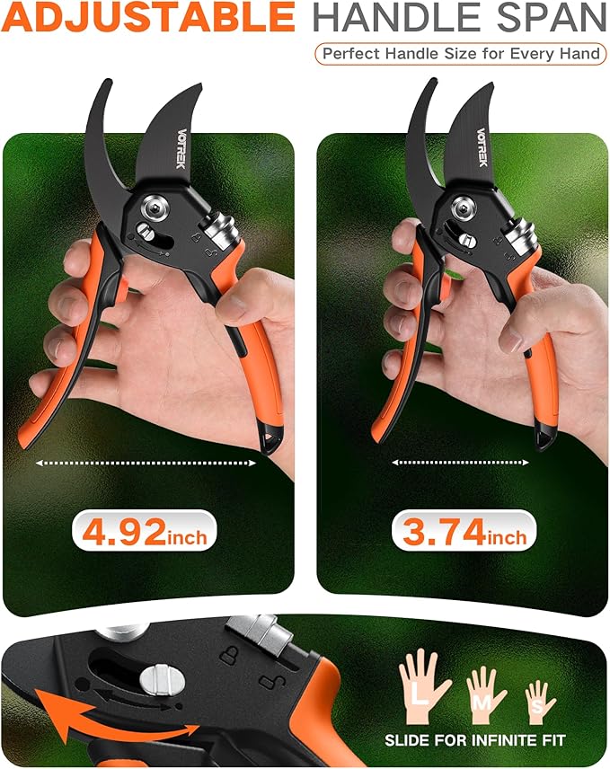 8.5" Pruning Shears for Gardening, 【Unique Stepless Handle Opening】Professional Bypass Garden Clipper, Heavy Duty Plant Pruners for Branch 【SK5 Steel Blades】【All Hand Sizes】,Bright Orange