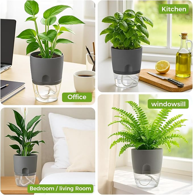 12 Pack Self Watering Pots for Indoor Plants, PlanterHoma 3.2 Inch Plant Pot Plastic Self Watering Planter for Orchid, African Violet, Mini Clear Flower Pots with Drainage Holes and Wicking Rope, Grey