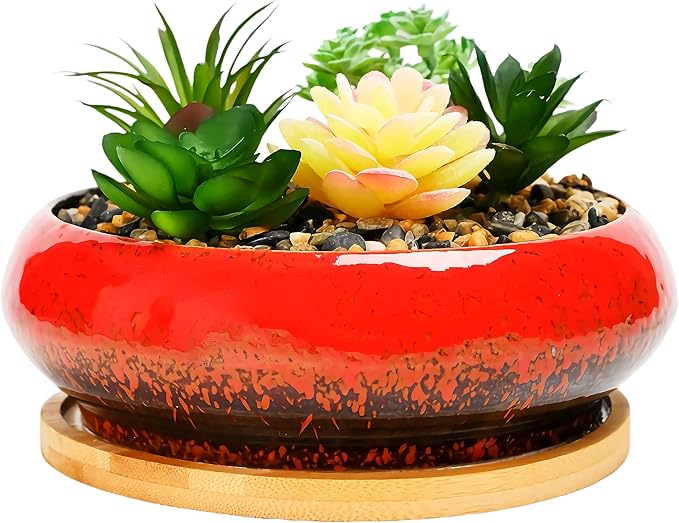 Cute Circular Ceramic Home Garden Decoration Succulent Cactus Flower Pots Container with Bamboo Tray -Plant Not Included (Red, 7.3 Inch)