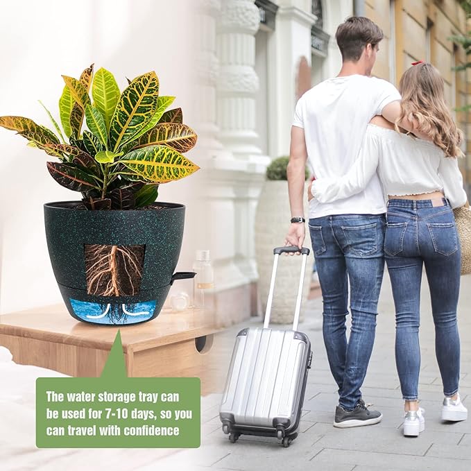 UOUZ Large Self Watering Pots, 12/10/9 Plastic Planters with High Drainage Holes and Deep Reservoir for Indoor Outdoor Garden Plants and Flowers, Black with Green Speckles
