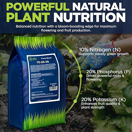 Supply Solutions | Power Bloom 10-20-20 Fertilizer | Bloom Booster Fertilizer for Flowers and Plants, High Phosphorus NPK Fertilizer for Vegetable Garden, Fruit Tree and Flower Fertilizer (25 Pounds)