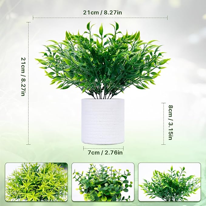 FGSAEOR Mini Potted Fake Plants, Small Artificial Greenery Plants Topiaries, Low Maintenance, Shelf Desk Room Table Office Home Decor (3-Pack) (White Pot - Green)