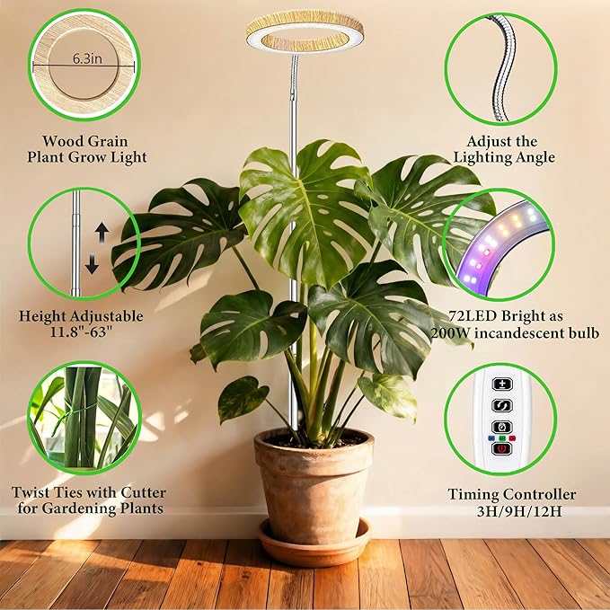 Grow Lights for Indoor Plants Full Spectrum,6.3" LED Wood Grain Plant Grow Light,11.8-63in Height Adjustable Plant Lights Growing Lamp with Auto Timers 3H/9H/12H,10 Dimmable Levels (Wood Grain 2 Pack)