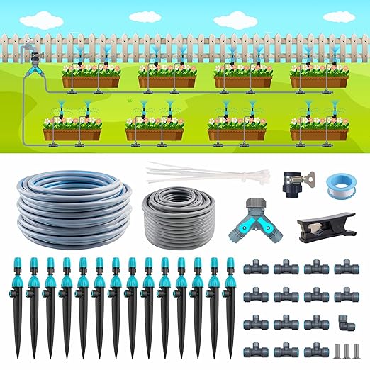 98ft Drip Irrigation Kit, Upgraded Quick-Connect System with Adjustable Nozzles & Durable Hoses, Complete Garden Watering Solution for Outdoor Plants, Flower Beds, Lawns and Patios