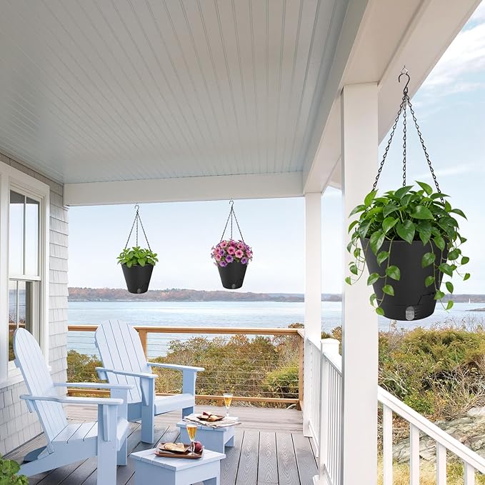 8 Inch Hanging Planters Indoor Outdoor, 3 Pack Plastic Self Watering Plant Pots with Drainage Holes & Saucers, Hanging Baskets Flower Pots with Chain for Ivy, Spider Plant, Pothos, Ferns