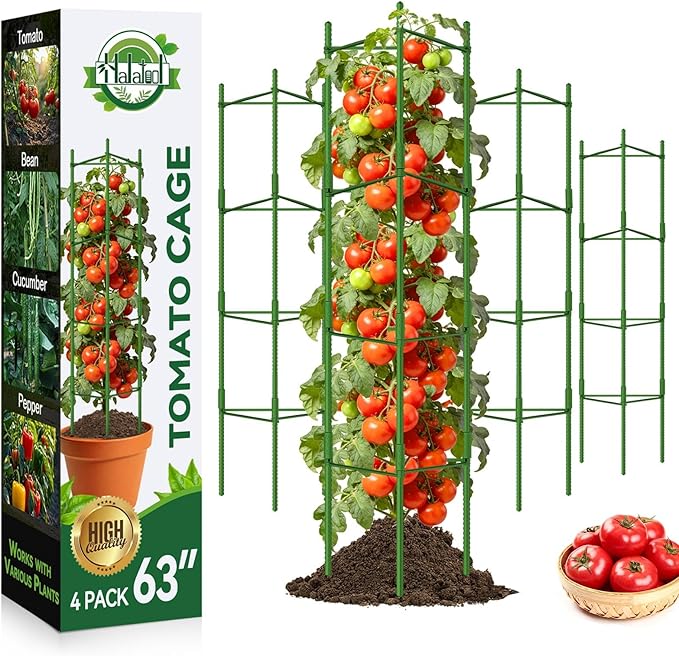 Halatool 63 Inch Tomato Cages, 4 Pack Adiustable Plant Cages Assembled Tomato Garden Cages Stakes Vegetable Support Trellis with 120 Feet Twist Tie, Snap-On for Vertical Climbing Plants