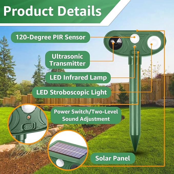 Solar Ultrasonic Animal Repellent Outdoor with Motion Sensor Strobe Light Deer Repellent Devices for Squirrel Rats Snakes Rabbit 25KHZ Silent Deterrent Dual Mode Yard Garden Lawn Pest Control 1PC